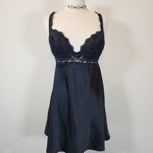 Victoria's Secret Black Lace Trim Babydoll Slip Dress Made In USA Size‎ M